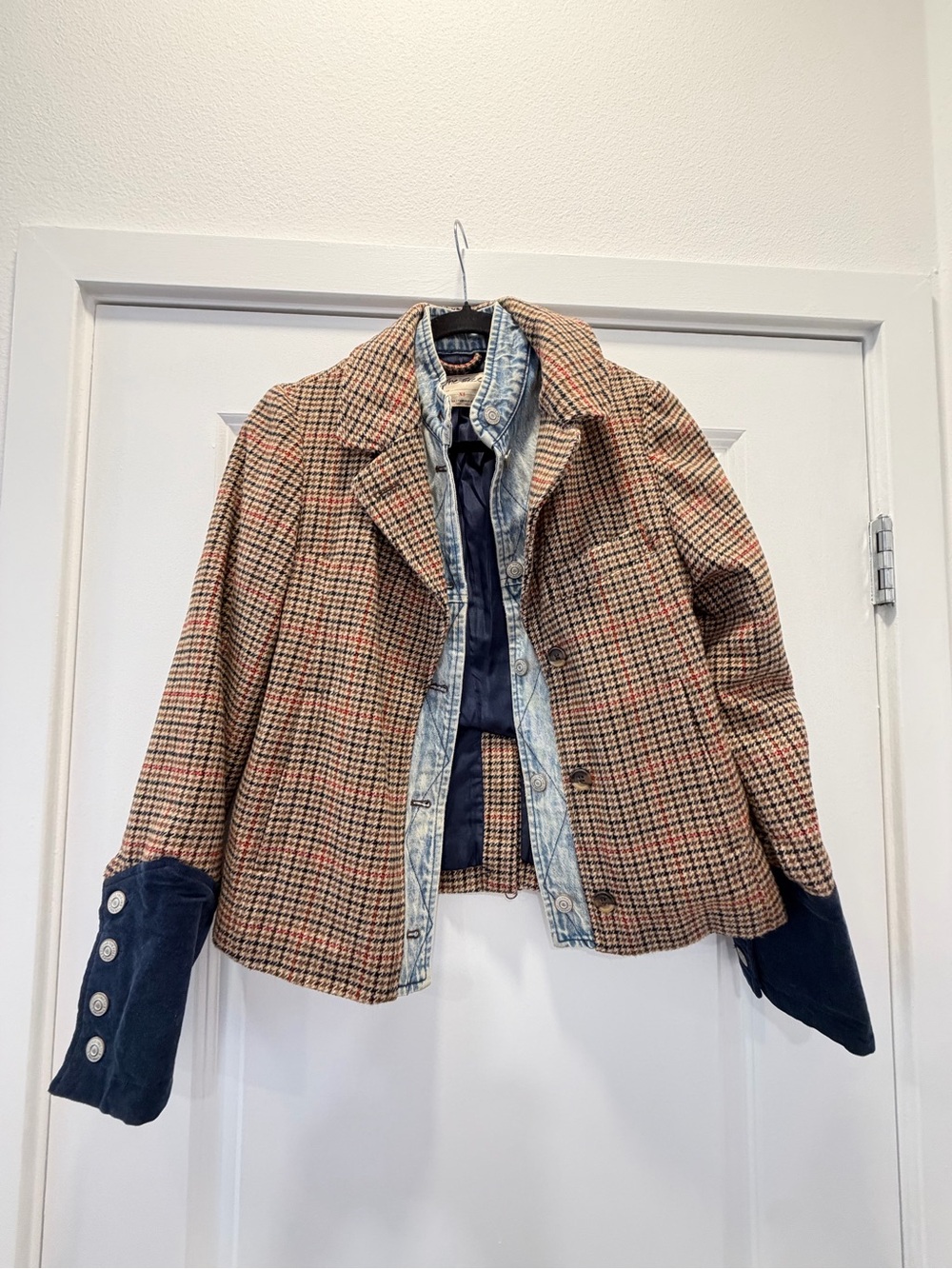 We The Free Multicolor Houndstooth Blazer with Red Check Accents
